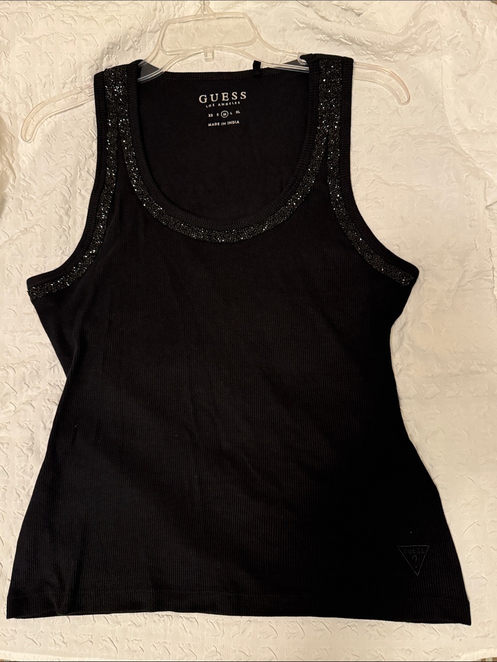 GUESS embellished neckline ribbed tank top in black size M